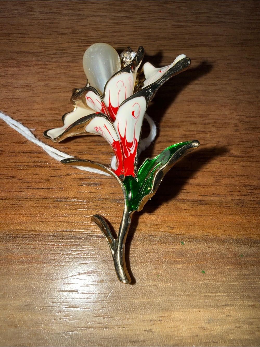 Gold-Tone Floral Brooch with Red, White, and Green Enamel